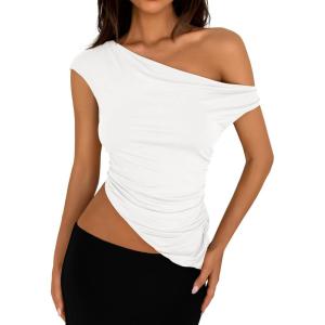 imagePRETTYGARDEN Womens Off The Shoulder Y2K Tops 2026 Summer Sleeveless Asymmetrical Ruched Going Out Tank Top Fashion ClothingWhite