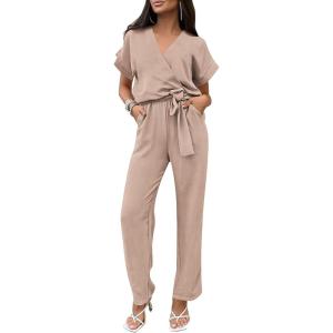 imagePRETTYGARDEN Womens One Piece Jumpsuits Dressy Casual Summer Short Sleeve Wrap V Neck Wide Leg Pants Romper Spring ClothesBeige