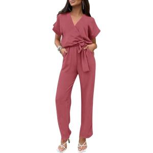 imagePRETTYGARDEN Womens One Piece Jumpsuits Dressy Casual Summer Short Sleeve Wrap V Neck Wide Leg Pants Romper Spring ClothesDark Pink