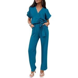 imagePRETTYGARDEN Womens One Piece Jumpsuits Dressy Casual Summer Short Sleeve Wrap V Neck Wide Leg Pants Romper Spring ClothesLake Blue