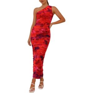 imagePRETTYGARDEN Womens One Shoulder Bodycon Dresses Summer 2026 Ruched Floral Beach Cocktail Wedding Guest DressFloral Rust Red