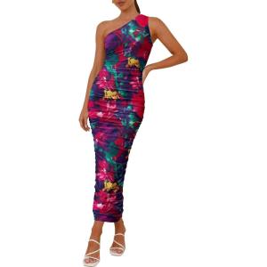 imagePRETTYGARDEN Womens One Shoulder Bodycon Dresses Summer 2026 Ruched Floral Beach Cocktail Wedding Guest DressNavy Red Flower