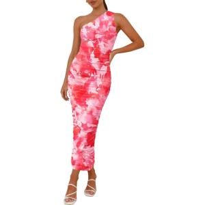 imagePRETTYGARDEN Womens One Shoulder Bodycon Dresses Summer 2026 Ruched Floral Beach Cocktail Wedding Guest DressPink