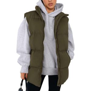 imagePRETTYGARDEN Womens Puffer Jacket Vests 2026 Fall Casual Sleeveless Stand Collar Zip Up Coats Warm Winter OuterwearArmy Green