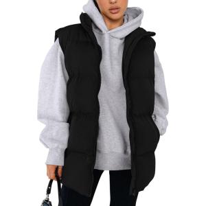 imagePRETTYGARDEN Womens Puffer Jacket Vests 2026 Fall Casual Sleeveless Stand Collar Zip Up Coats Warm Winter OuterwearBlack