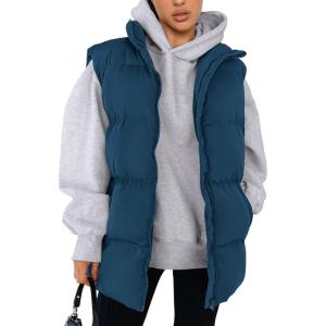 imagePRETTYGARDEN Womens Puffer Jacket Vests 2026 Fall Casual Sleeveless Stand Collar Zip Up Coats Warm Winter OuterwearDark Blue