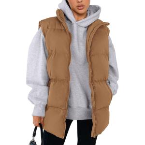 imagePRETTYGARDEN Womens Puffer Jacket Vests 2026 Fall Casual Sleeveless Stand Collar Zip Up Coats Warm Winter OuterwearKhaki