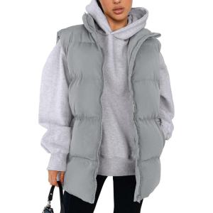imagePRETTYGARDEN Womens Puffer Jacket Vests 2026 Fall Casual Sleeveless Stand Collar Zip Up Coats Warm Winter OuterwearLight Grey
