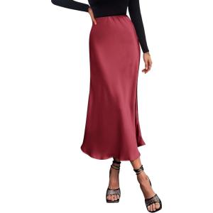 imagePRETTYGARDEN Womens Satin Skirts Dressy Casual 2026 Fall High Waisted Cocktail Wedding Flowy Elegant A Line Midi SkirtBean Paste Pink