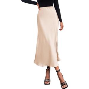 imagePRETTYGARDEN Womens Satin Skirts Dressy Casual 2026 Fall High Waisted Cocktail Wedding Flowy Elegant A Line Midi SkirtBeige