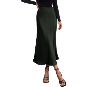 imagePRETTYGARDEN Womens Satin Skirts Dressy Casual 2026 Fall High Waisted Cocktail Wedding Flowy Elegant A Line Midi SkirtDark Army Green