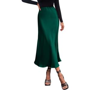 imagePRETTYGARDEN Womens Satin Skirts Dressy Casual 2026 Fall High Waisted Cocktail Wedding Flowy Elegant A Line Midi SkirtDark Green