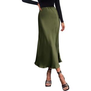 imagePRETTYGARDEN Womens Satin Skirts Dressy Casual 2026 Fall High Waisted Cocktail Wedding Flowy Elegant A Line Midi SkirtLight Army Green