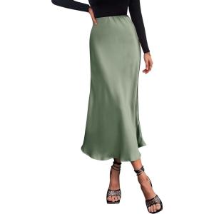 imagePRETTYGARDEN Womens Satin Skirts Dressy Casual 2026 Fall High Waisted Cocktail Wedding Flowy Elegant A Line Midi SkirtLight Green