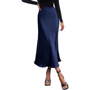 imagePRETTYGARDEN Womens Satin Skirts Dressy Casual 2026 Fall High Waisted Cocktail Wedding Flowy Elegant A Line Midi SkirtNavy