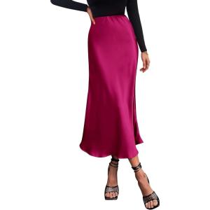 imagePRETTYGARDEN Womens Satin Skirts Dressy Casual 2026 Fall High Waisted Cocktail Wedding Flowy Elegant A Line Midi SkirtRose Red