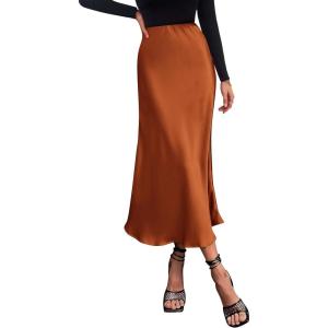 imagePRETTYGARDEN Womens Satin Skirts Dressy Casual 2026 Fall High Waisted Cocktail Wedding Flowy Elegant A Line Midi SkirtRust Red
