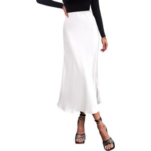 imagePRETTYGARDEN Womens Satin Skirts Dressy Casual 2026 Fall High Waisted Cocktail Wedding Flowy Elegant A Line Midi SkirtWhite