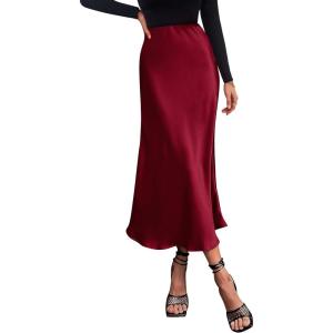 imagePRETTYGARDEN Womens Satin Skirts Dressy Casual 2026 Fall High Waisted Cocktail Wedding Flowy Elegant A Line Midi SkirtWine Red