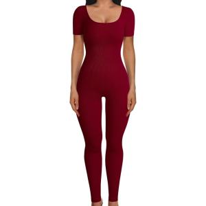 imagePRETTYGARDEN Womens Sexy Bodycon Jumpsuits Short Sleeve Square Neck Ribbed Knit One Piece Outfit Summer Rompers Pants RedMedium