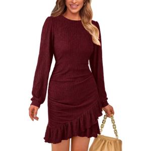 imagePRETTYGARDEN Womens Spring Fall Ruched Bodycon Mini Dress Long Puff Sleeve Ruffle Fitted Cocktail Party DressesWine Red