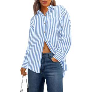 imagePRETTYGARDEN Womens Striped Button Down Shirt Spring 2025 Oversized Collared Long Sleeve Office Work Blouses Tops
