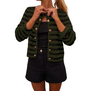 imagePRETTYGARDEN Womens Striped Cardigan Sweaters Ribbed Knit Long Sleeve Open Front Crewneck Casual Jackets