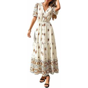 imagePRETTYGARDEN Womens Summer Boho Maxi Dress 2026 Trendy Short Sleeve V Neck Flowy Beach Floral Dresses with PocketsApricot
