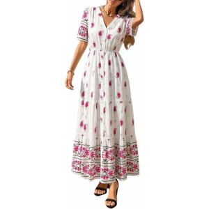 imagePRETTYGARDEN Womens Summer Boho Maxi Dress 2026 Trendy Short Sleeve V Neck Flowy Beach Floral Dresses with PocketsFloral White Rose Red