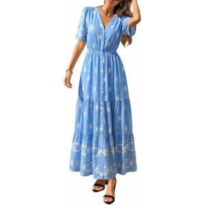 imagePRETTYGARDEN Womens Summer Boho Maxi Dress 2026 Trendy Short Sleeve V Neck Flowy Beach Floral Dresses with PocketsSky Blue