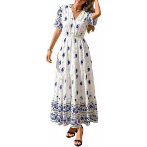 imagePRETTYGARDEN Womens Summer Boho Maxi Dress 2026 Trendy Short Sleeve V Neck Flowy Beach Floral Dresses with PocketsWhite Blue Flower