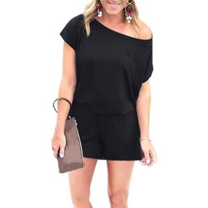imagePRETTYGARDEN Womens Summer Casual Off Shoulder Rompers Short Sleeve Loose One Piece Jumpsuit with Pockets
