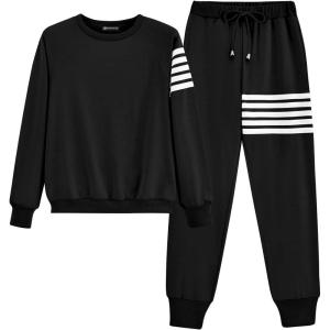 imagePRETTYGARDEN Womens Two Piece Striped Outfits Casual Long Sleeve Top and Sweatpants Matching Tracksuit Jogger Set