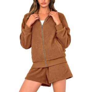 imagePRETTYGARDEN Womens Two Piece Tracksuit Outfits 2024 Fall Zip Up Fleece Jacket And Shorts Matching Lounge Sets BrownMedium