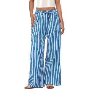 imagePRETTYGARDEN Womens Wide Leg Lounge Pants Spring Summer Drawstring Elastic Waist Comfy Striped Pajama Bottoms Trendy ClothesStriped Grey Blue