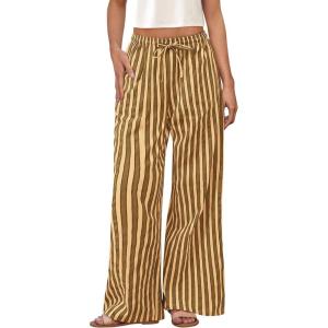 imagePRETTYGARDEN Womens Wide Leg Lounge Pants Spring Summer Drawstring Elastic Waist Comfy Striped Pajama Bottoms Trendy ClothesStriped Khaki Army Green
