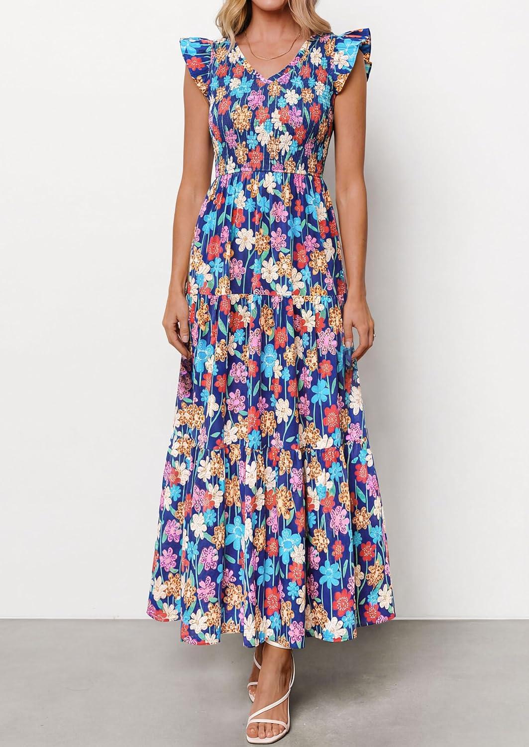 imagePRETTYGARDEN Womens Boho Floral Maxi Dress 2026 Summer Smocked V Neck Ruffle Sleeve Spring Flowy Beach Vacation SundressesBlue Multicolored Floral