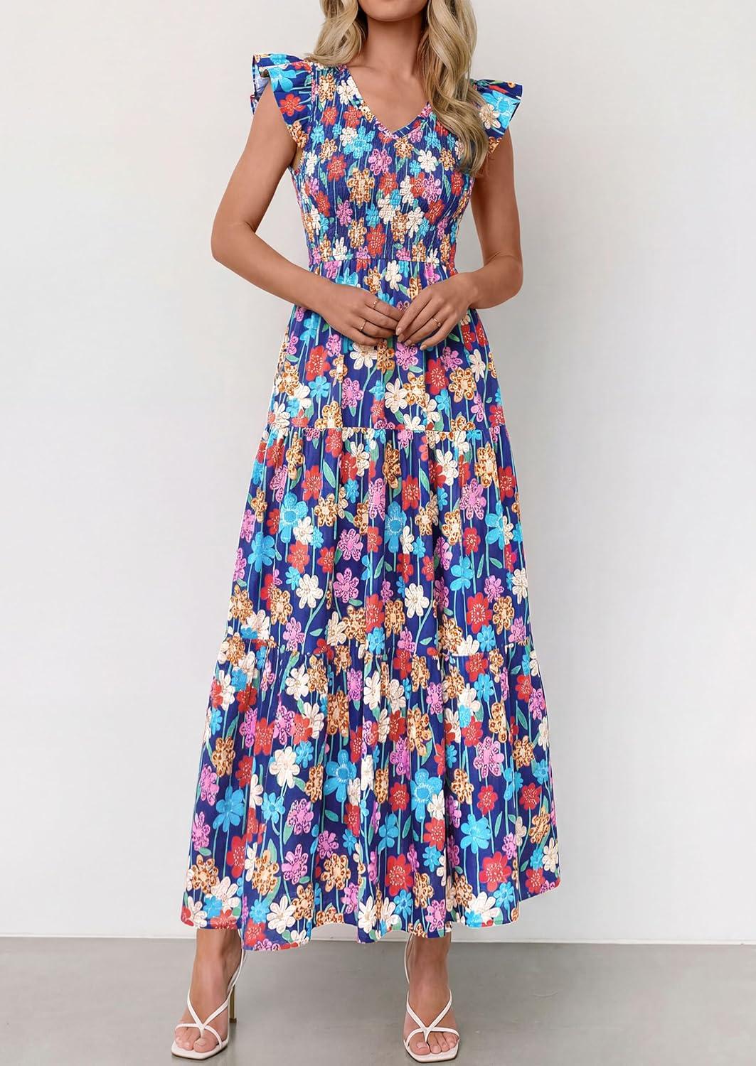 imagePRETTYGARDEN Womens Boho Floral Maxi Dress 2026 Summer Smocked V Neck Ruffle Sleeve Spring Flowy Beach Vacation SundressesBlue Multicolored Floral