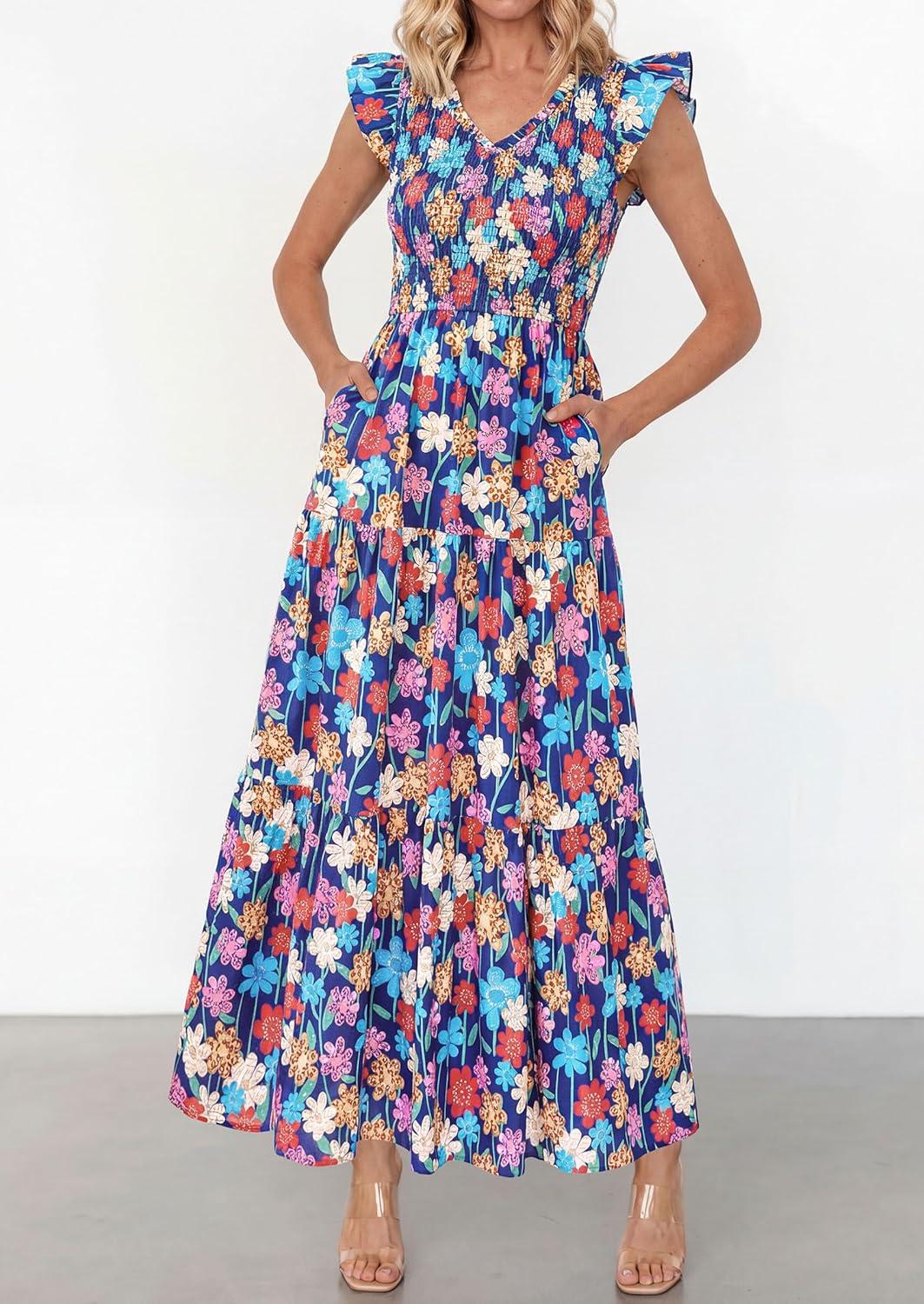 imagePRETTYGARDEN Womens Boho Floral Maxi Dress 2026 Summer Smocked V Neck Ruffle Sleeve Spring Flowy Beach Vacation SundressesBlue Multicolored Floral