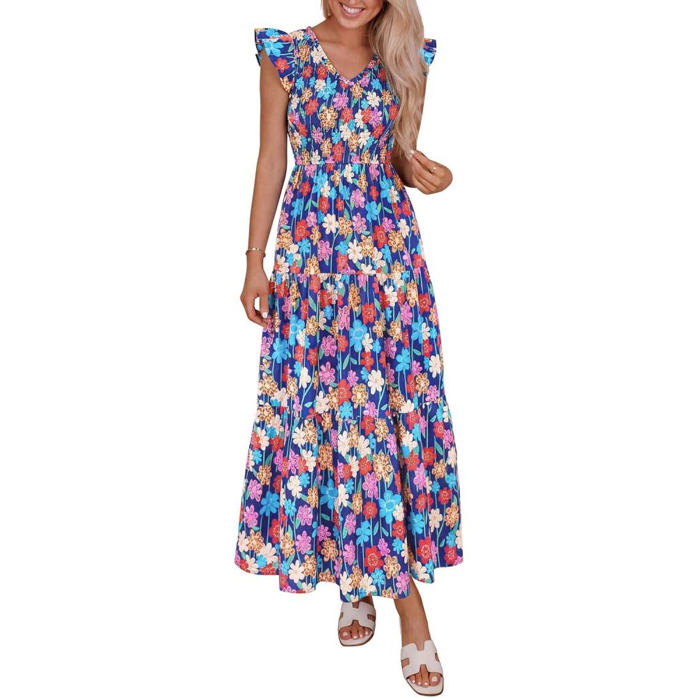 imagePRETTYGARDEN Womens Boho Floral Maxi Dress 2026 Summer Smocked V Neck Ruffle Sleeve Spring Flowy Beach Vacation SundressesBlue Multicolored Floral