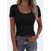 imagePRETTYGARDEN Scoop Neck Tops for Women 2026 Summer Basic Tees Trendy Short Sleeve Shirts Spring Casual Fitted Ribbed TopsBlack