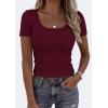 imagePRETTYGARDEN Scoop Neck Tops for Women 2026 Summer Basic Tees Trendy Short Sleeve Shirts Spring Casual Fitted Ribbed TopsBurgundy