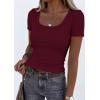 imagePRETTYGARDEN Scoop Neck Tops for Women 2026 Summer Basic Tees Trendy Short Sleeve Shirts Spring Casual Fitted Ribbed TopsBurgundy