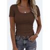 imagePRETTYGARDEN Scoop Neck Tops for Women 2026 Summer Basic Tees Trendy Short Sleeve Shirts Spring Casual Fitted Ribbed TopsCoffee