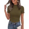imagePRETTYGARDEN Short Sleeve T Shirts for Women Summer Clothes 2026 Casual Spring Tops Ruffle Mock Neck Ribbed Fitted Basic TeesArmy Green