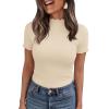 imagePRETTYGARDEN Short Sleeve T Shirts for Women Summer Clothes 2026 Casual Spring Tops Ruffle Mock Neck Ribbed Fitted Basic TeesBeige