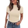 imagePRETTYGARDEN Short Sleeve T Shirts for Women Summer Clothes 2026 Casual Spring Tops Ruffle Mock Neck Ribbed Fitted Basic TeesBeige
