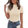 imagePRETTYGARDEN Short Sleeve T Shirts for Women Summer Clothes 2026 Casual Spring Tops Ruffle Mock Neck Ribbed Fitted Basic TeesBeige