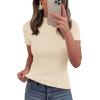 imagePRETTYGARDEN Short Sleeve T Shirts for Women Summer Clothes 2026 Casual Spring Tops Ruffle Mock Neck Ribbed Fitted Basic TeesBeige