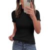 imagePRETTYGARDEN Short Sleeve T Shirts for Women Summer Clothes 2026 Casual Spring Tops Ruffle Mock Neck Ribbed Fitted Basic TeesBlack